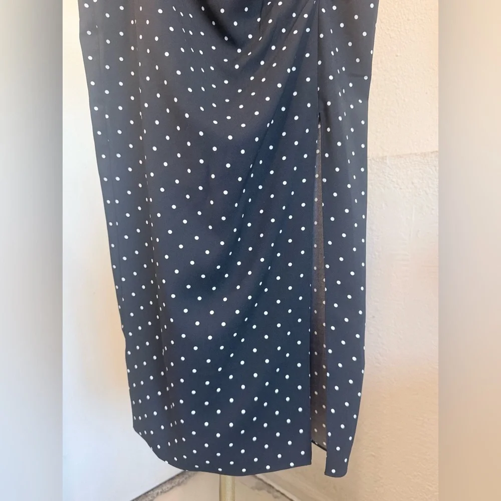 NWOT - Something Navy Rouched Midi Slip Skirt Black w. White Polka Dot - Size S